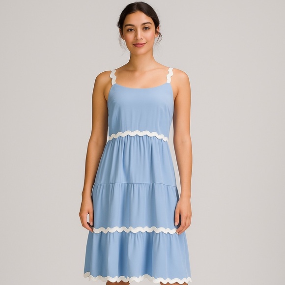 NWT Blue Tiered Midi Dress | Scallop Trim Sundress Cottagecore Brunch Style XL - Picture 1 of 9